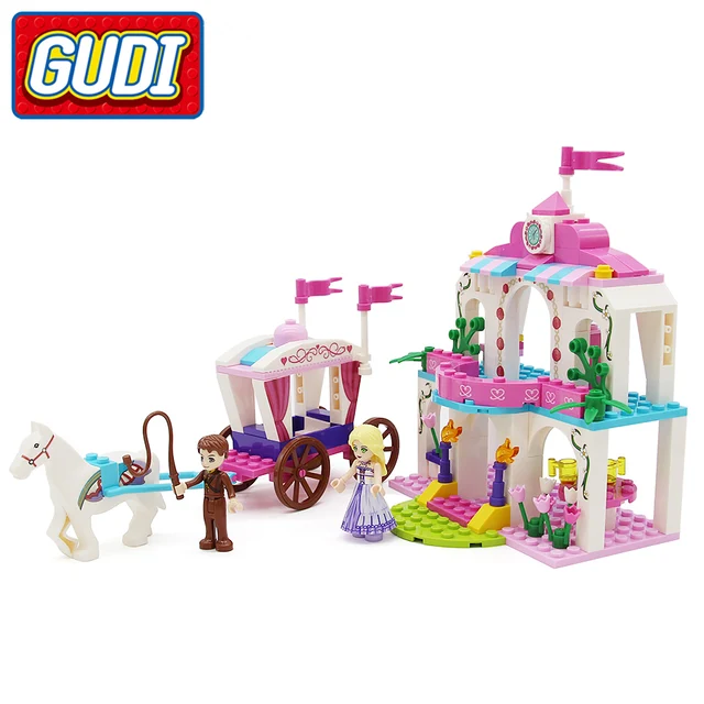 US $10.42 GUDI Toy Girls Blocks Princess Pink Carriage Castle 183pcs Bricks Girl Building Block Set Education