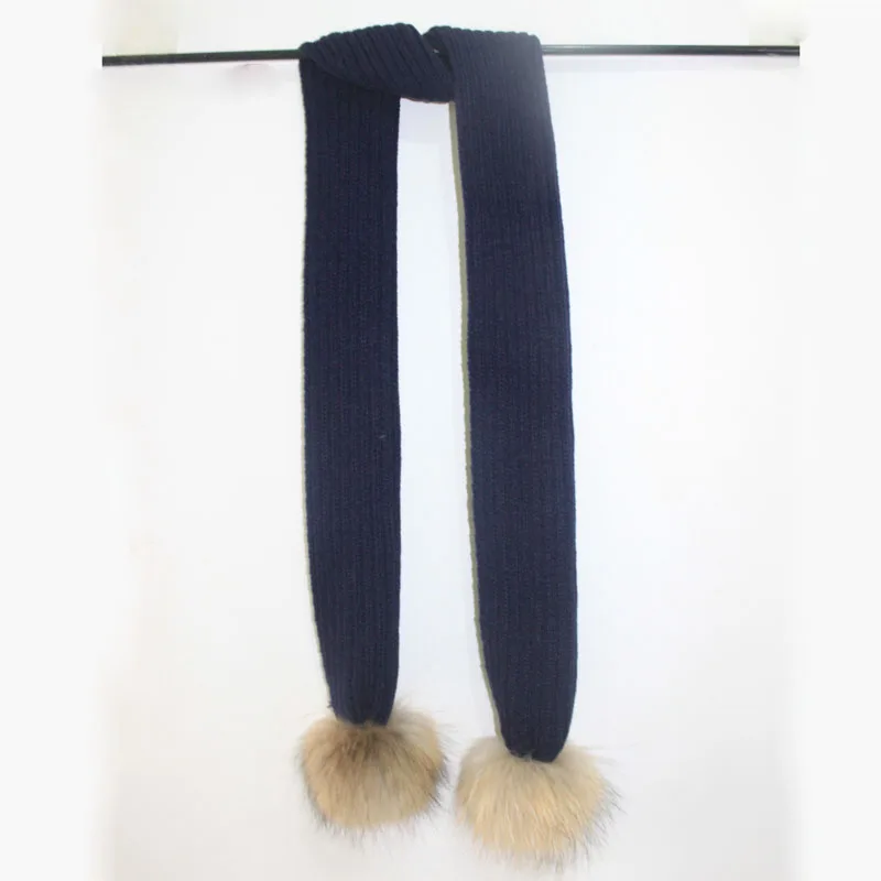 150*16cm crochet Children Scarf wool Knitted Winter Fur Scarves With Detachable Real Raccoon Fur Pom Poms neckwarmer scarf
