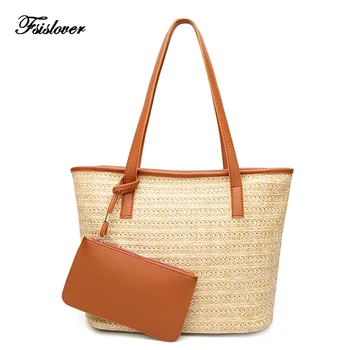 

2 Pcs/Set Summer Women Straw Bags Bohemia Handbag Shoulder bag Handmade Woven Beach Bag Female Casual Tote Shopping Big Bag