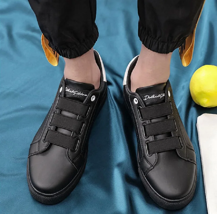 Spring Autumn Man Skateboarding Leather stitching Shoes Sneakers Breathable Elastic band  Hard-Wearing Round head Flat Shoes Man (13)