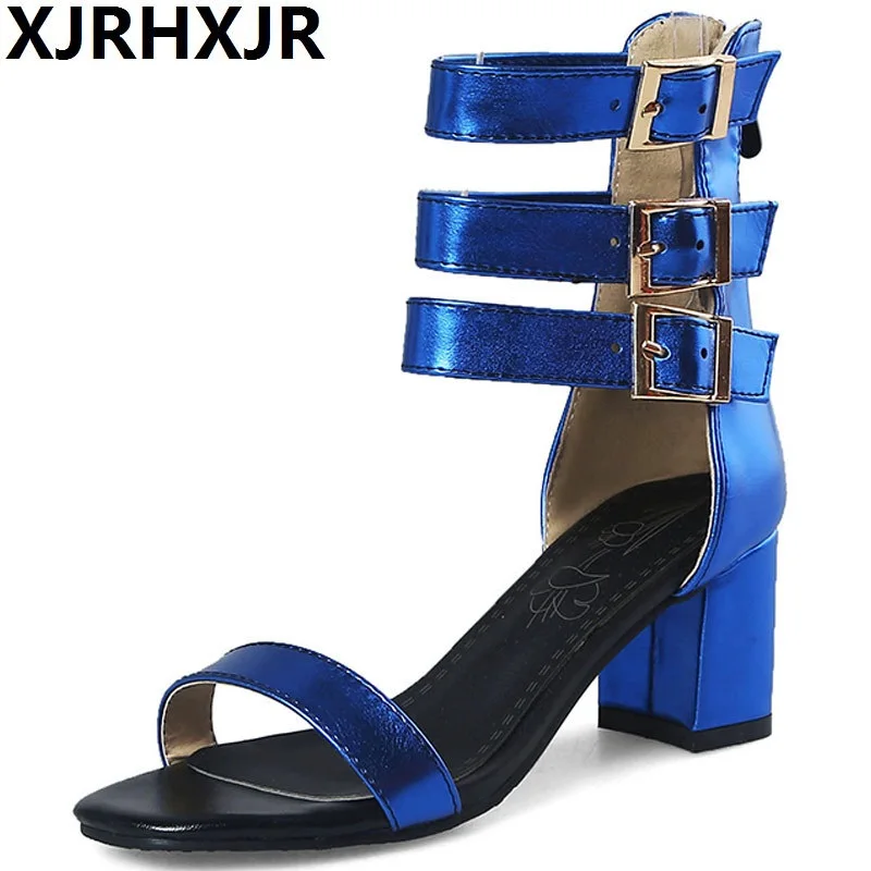 

XJRHXJR New Fashion Women Square Open Toe Ankle Buckle Thick High Heels Solid Shoes Sandals Shoes Summer Party Wedding Sandal