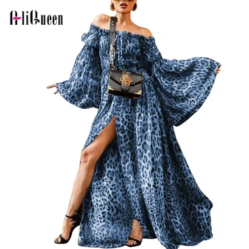 

Women Flare Sleeve Leopard Print Maxi Summer Beach Dress Elegant Female Retro Plus Size Sexy Off Shoulder Party Dresses Vestidos