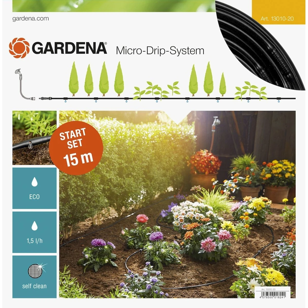 Набор для подключения шланга GARDENA 13010-20.000.00 (Для длинных рядов растений до 15 м, комплект: 1 мастер-блок 1000, 15 м шланг сочащийся 4,6 мм, 15 колышков для шланга 4,6 мм, 1 заглушка 4,6 мм)