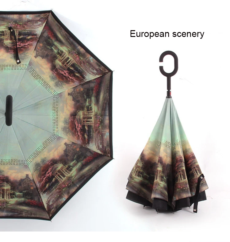 Ветрозащитный складной зонт для мужчин и женщин, защита от солнца, дождя, автомобиля, перевернутый с-образной ручкой, зонты, двойной слой, анти-УФ, самостоятельная стойка, Parapluie