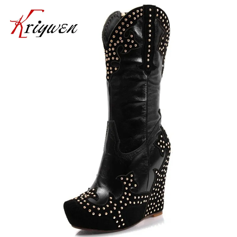 

Big Discount Pretty Ladies Brand Thick High Heel knee high Boots Real genuine leather Sexy Zip The Knee High Boots Women Botas