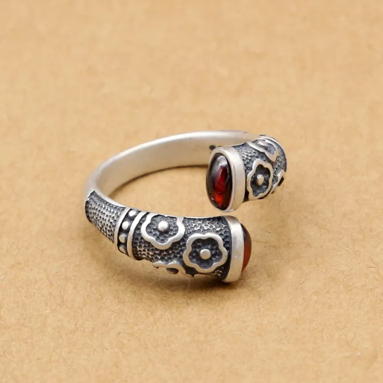 

925 Sterling Silver Retro Golden Hoops Red Garnet Open Ring Women Thai Silver Couple Gift Adjustable Finger Ring ZY238
