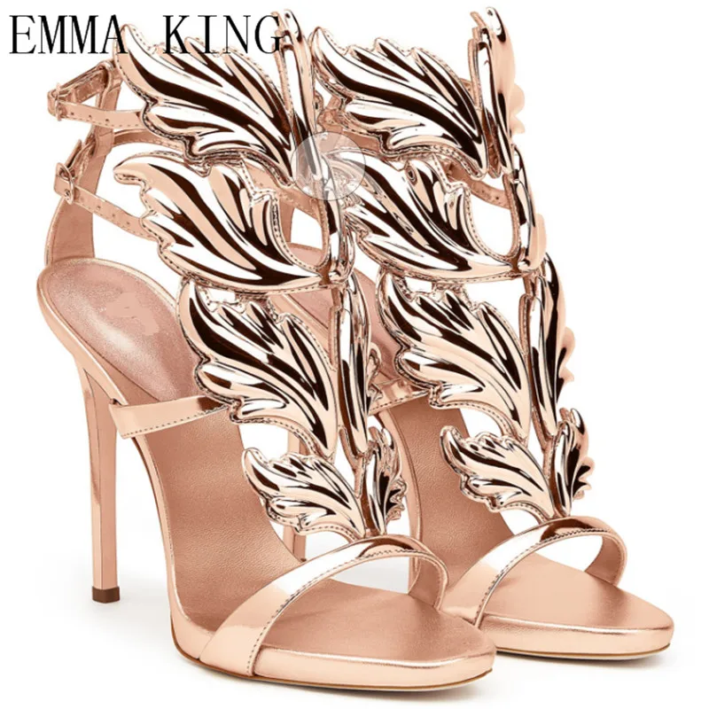 

Sexy Rhinestone Summer High Heels Bling Crystal Leaves Wings Women Sandals Silver Gold Ankle Strap Stilettos Heel Shoes Woman