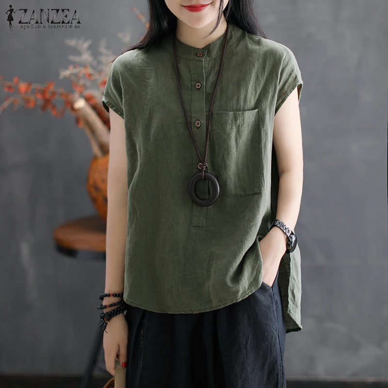 2019 ZANZEA Women Summer Blouse Work OL Blusas Solid Cotton Linen Shirt Casual Short Sleeve Tops Ca