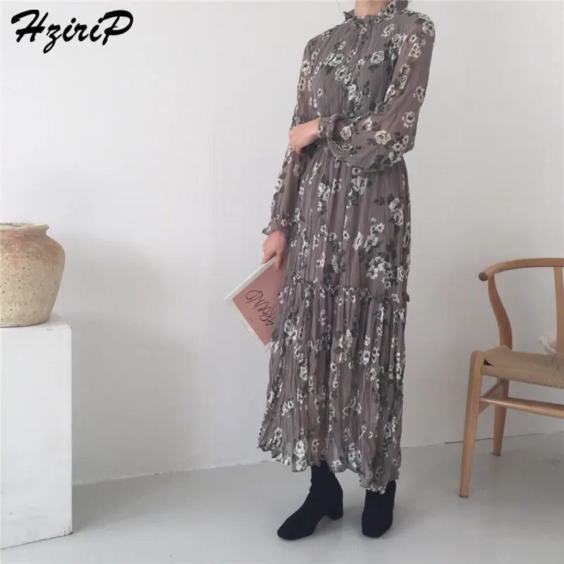 HziriP Stand Print Floral Casual Simple Loose Free 2019 Summer Autumn Women Elegant Ladies Party Ankle Length Dresses 3 Colors | Женская