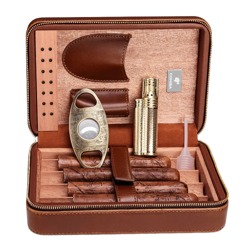 COHIBA Leather Cedar Lined Travel Cigar Case Humidor With Cutter