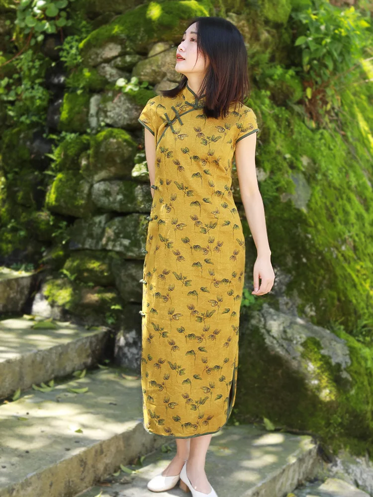LZJN, платья в восточном стиле, Ципао, женское традиционное платье, китайское длинное китайское платье, современное Ципао, хлопковое льняное платье