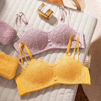 

Roseheart Women Fashion Purple Gray Sexy Lingerie Wireless Bra Sets Lace Trim Cotton Panties Briefs Women Underwear Lovely A B