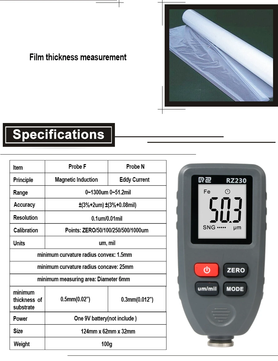 RZ толщиномер, измеритель толщины покрытия краски, автомобильная пленка, цифровой толщиномер, тестер RZ230, подсветка, толщиномер