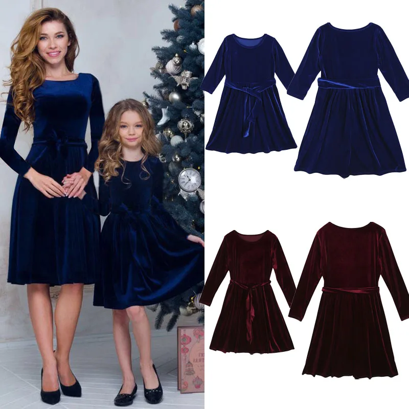 Элегантное бархатное одинаковое платье для мамы и дочки праздничные платья Платье До Колена с длинными рукавами, цвета красного вина, Королевского синего цвета