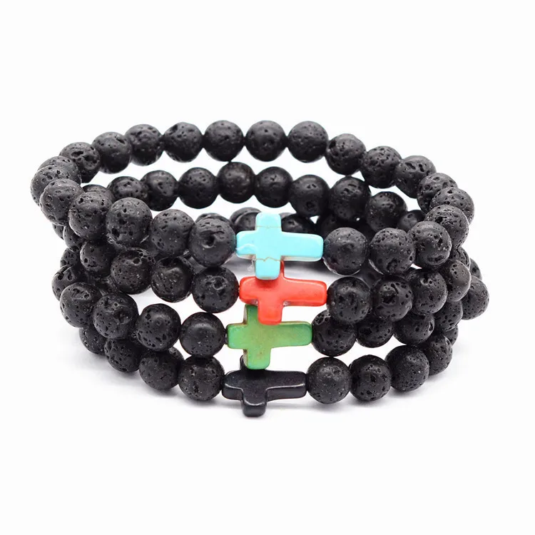 Cross green Beads Ornaments Lava Volcano Stone String 8mm For Men Women Romantic Charms Bracelet Strand Homme Male jewelry | Украшения и