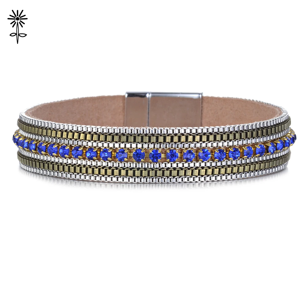 

Crystal Shining Multilayer Thin Leather Bracelets Bangles Jewelry with Magnetic Clasp for Women Plusera Jewelry B-021