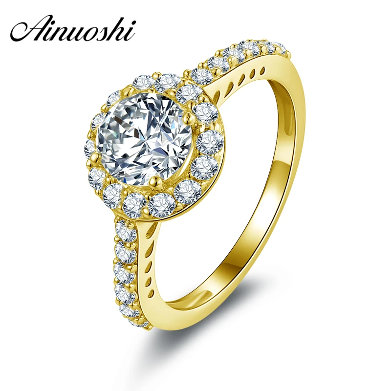 AINUOSHI 10K Solid Yellow Gold Wedding Ring Simulated Diamond Joyas de oro 10k Customized Design Women Engagement Halo Rings