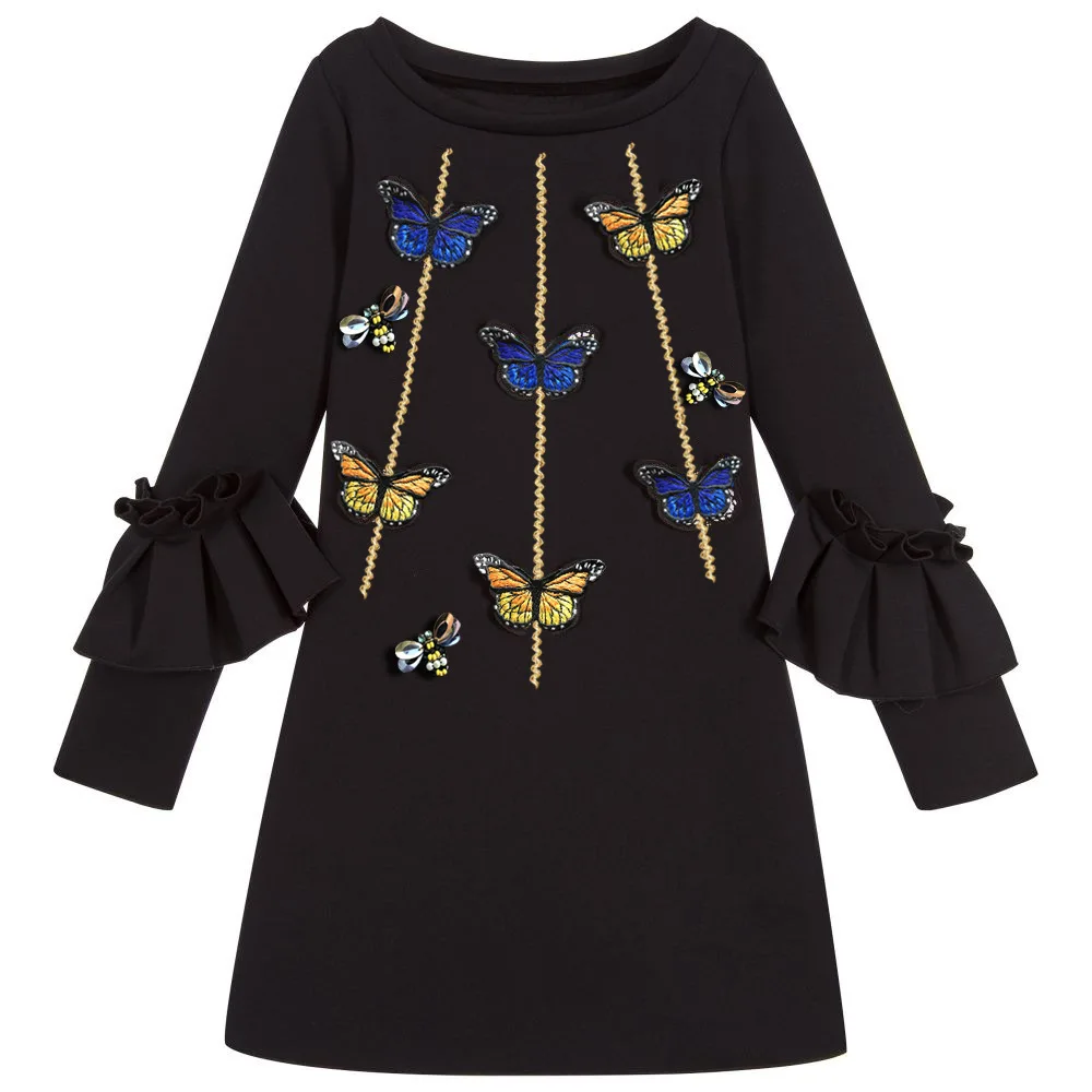 Детские Рождественские Повседневные Вечерние платья принцессы с вышитыми бабочками и цветочным узором для девочек; детская одежда; черное платье для маленьких девочек; костюм