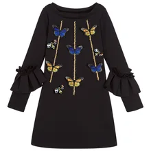 Детские Рождественские Повседневные Вечерние платья принцессы с вышитыми бабочками и цветочным узором для девочек; детская одежда; черное платье для маленьких девочек; костюм