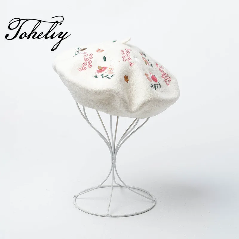 

100% wool Vintage Warm Winter Women Cartoon flower embroidery Beret French Artist Beanie Hat Cap For Sweet Girl spring autumn