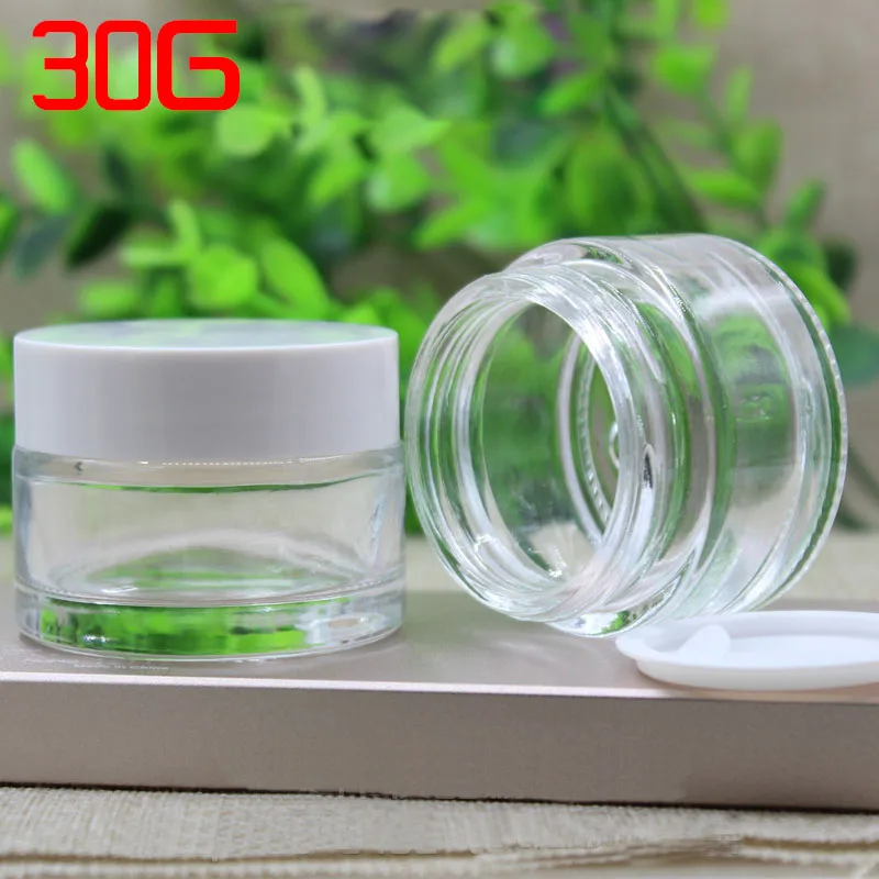 

50pcs 30G brown transparent frosted glass jar cosmetic empty bottle cream jar container black white plastic cap