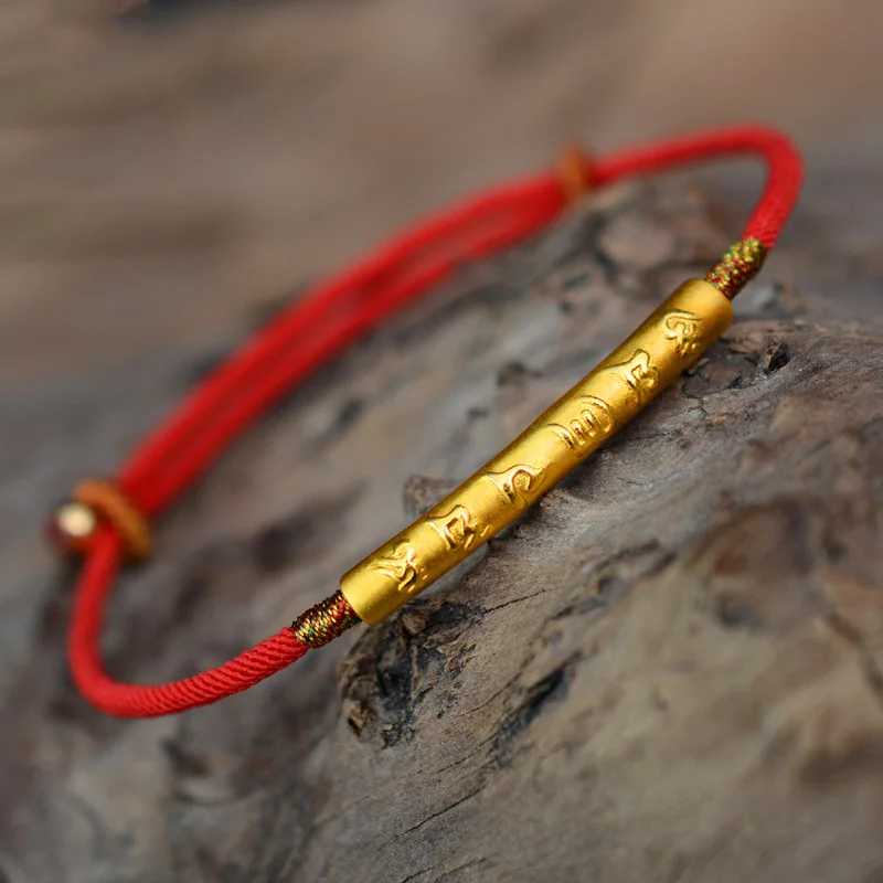 Baratos Plata de Ley 999 Color dorado hecho a mano fina pulsera de cadena roja para mujer seis palabras grabadas oración del mantra joyería budista