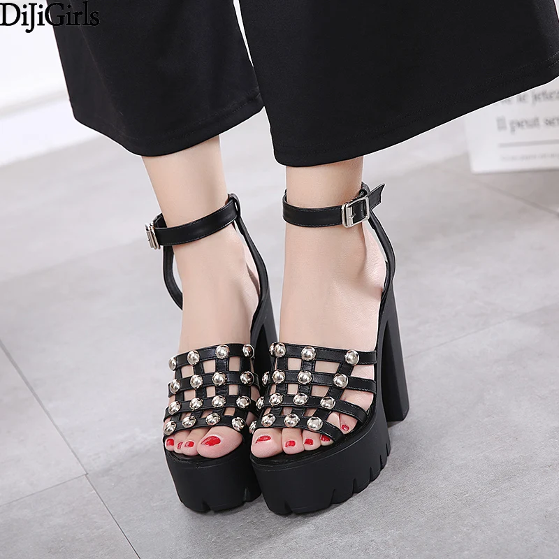 Women High Heel Sandals Punk Motorcycle Rivet Shoes Fashion Platform Thick Heel Sandals Ladies 