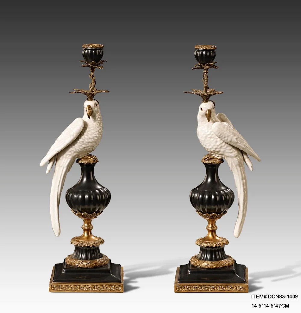 European Style Antique Brass and Ceramic Parrot Decorative Candlesticks