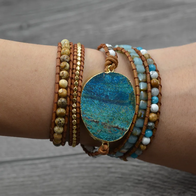 New Design Fashion Jewelry Wholesale Vintage Multilayer Wrap Bracelet For Men Women semi precious stone beaded bracelets 2017 new triple leather wrap bracelet for women fancy stone handmade multilayer czech glass beads leather rope jewelry