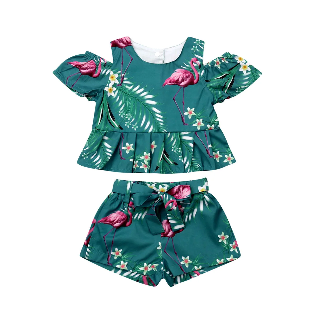 

Summer New Fashion 6M-4Y Toddler Kids Baby Girls Outfits Clothes Flamingo Leaky Shoulder Set T-shirt &short Pants 2PCS Holiday