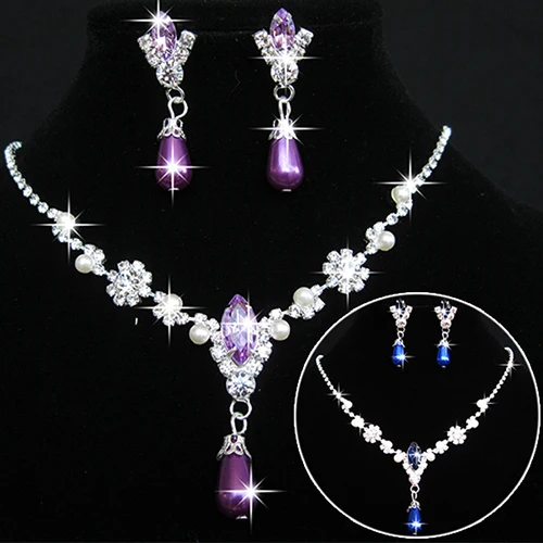 

2015 New Wedding Faux Pearls Rhinestone Necklace Water Drop Earrings Jewelry Set