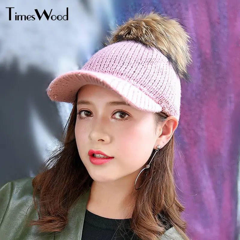 Real Raccoon Fur Pom Poms Cute Women's Fashion Knitted Hats Brim Winter