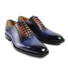 2017 hot Rushed Real Retro Custom Mens Oxford Shoes Fashion Weeding Party Dress Royal Blue Genuine Leather Original Design