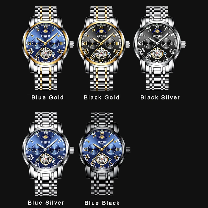 KINYUED Moon Phase Mechanical Watches Waterproof Mens Gold Automatic Skeleton Watch Calendar Male Stainless Steel Reloj Hombre (30)