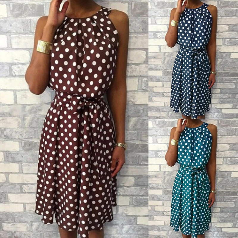 Women Polka Dot Dress 2019 Elegant Women Summer Sundress Dresses Short Sleeve Belt Dresses Off Ladies Sleeveless Plus Size Dress