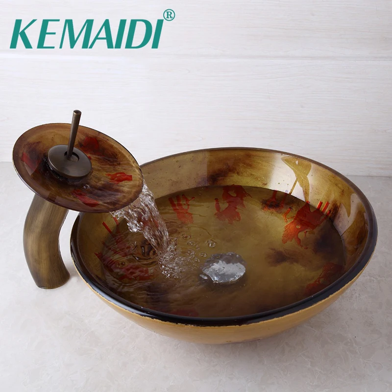 

KEMAIDI ModernBathroom Basin Antique Brass Glass Basin Sinks Waterfall Faucet Bathroom Deck Mounted Sinks Faucet W/Pop Up Drain