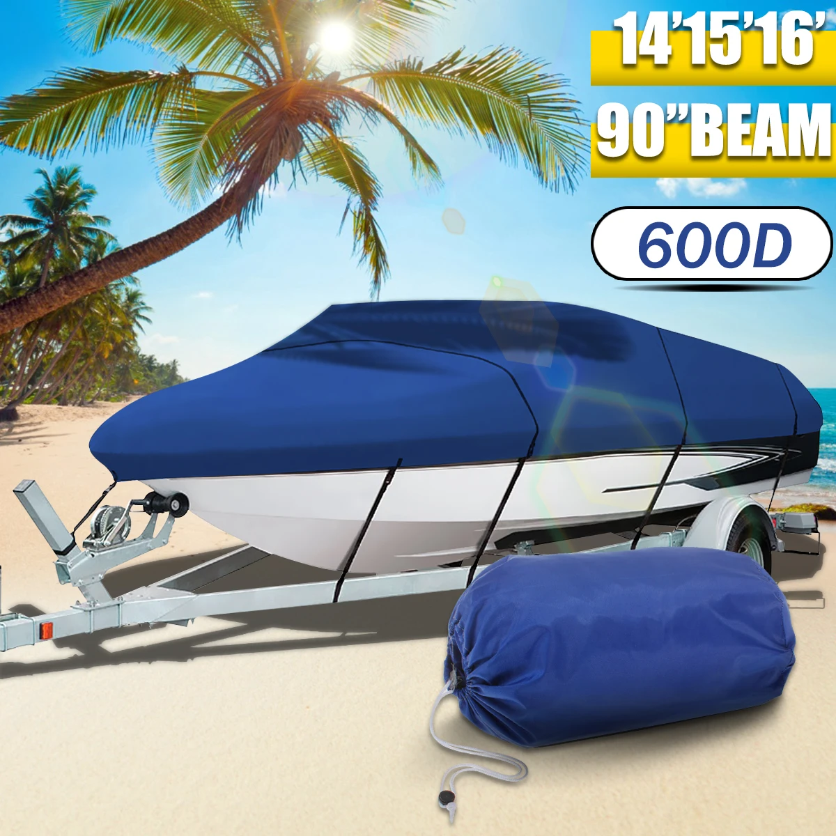 

14" 15" 16" Trailable Boat Cover Heavy Duty 600D 90'' Beam Deluxe Rectangle Blue Waterproof