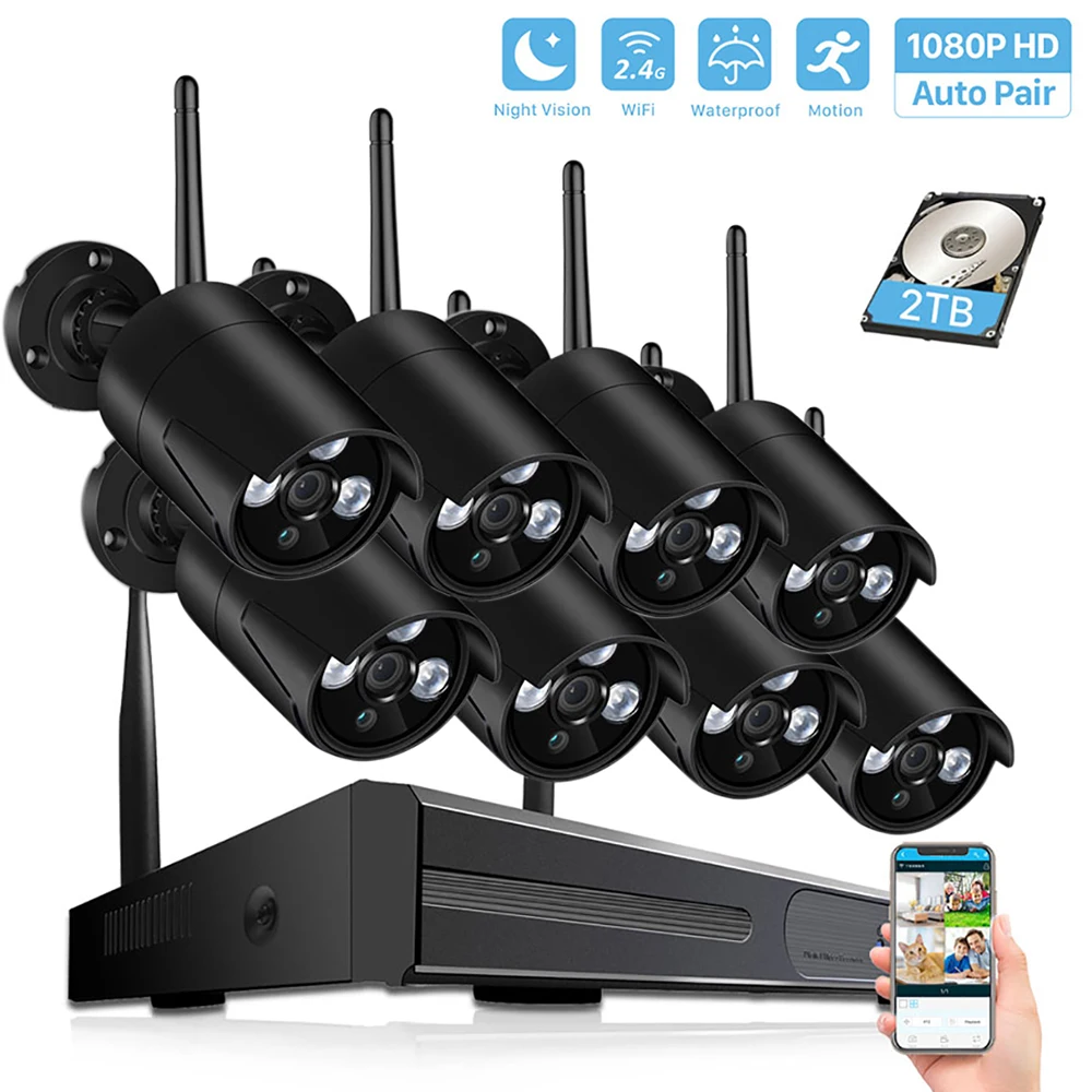 4CH/8CH Wireless CCTV System 1080P H.265 NVR 2.0MP Outdoor Waterproof Wifi Security Camera System Night Vision Surveillance Kit 4CH/8CH Wireless CCTV System 1080P H.265 NVR 2.0MP Outdoor Waterproof Wifi Security Camera System Night Vision Surveillance Kit