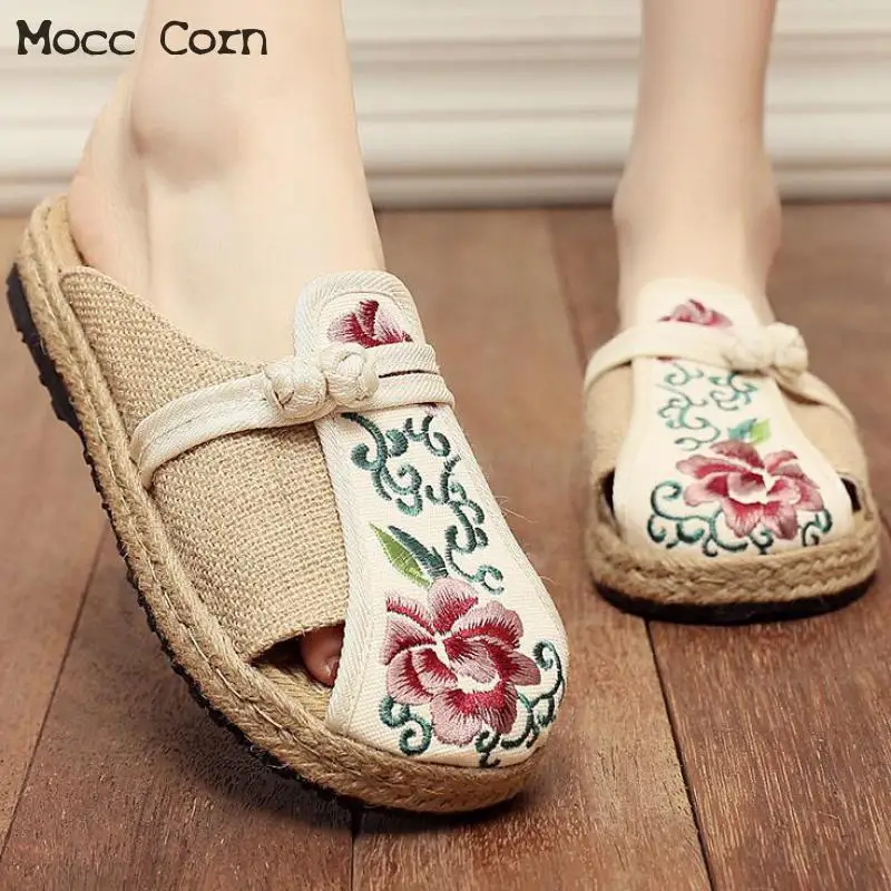 

Slippers Lady Sandals Women Flat Cloth Shoes Summer Embroidered Indoor Outdoor Linen Flip-flops Shoes Female Breathable Flats