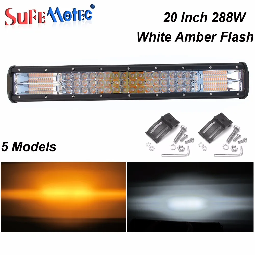 

20 Inch 288W LED Work Light Bar White Amber Strobe Flashing Light For Offorad Trucks Tractor SUV ATV 4WD Boat Emergency Fog Lamp