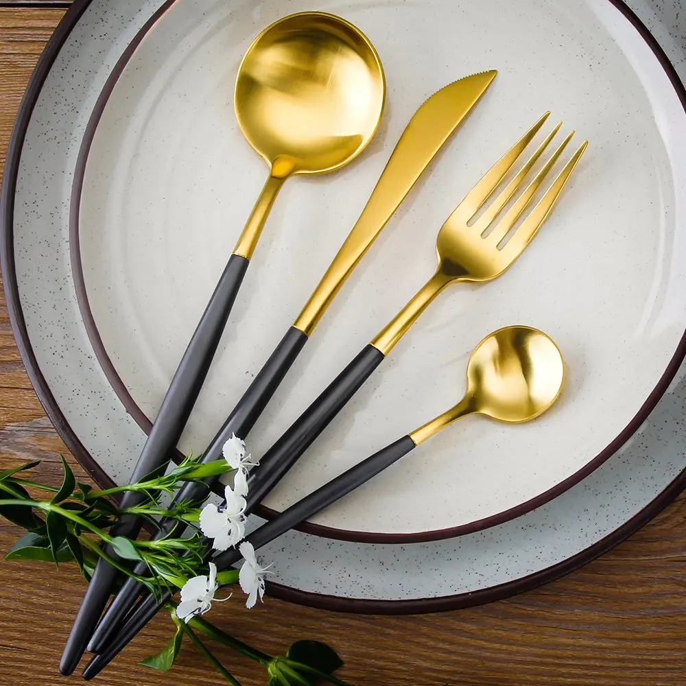 

Black Gold Dinnerware Set 304 Stainless Steel Western Cutlery Set Kitchen Food Tableware Fork Knife Scoop Silverware Set