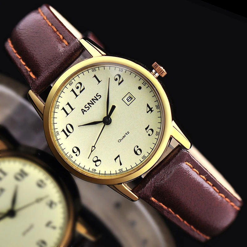 Retro men and women watch fashion couple of watch waterproof leather belt watch quartz watch calendar