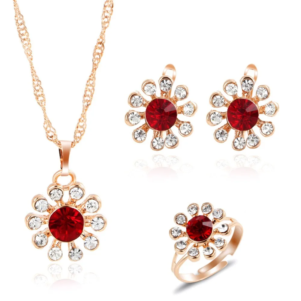 

Romantic Charming Crystal Flower Earrings Necklace Ring Golden Color Jewelry Set 3pcs/set Wholesale Price