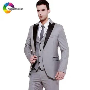 Ceny Formalne Szary Garnitury ślubne Dla Mężczyzn Czarny Lapel Best Man Blazers Kurtka Slim Fit Groom Smokingi Best Man Garnitury Ze Spodniami 3 Sztuk