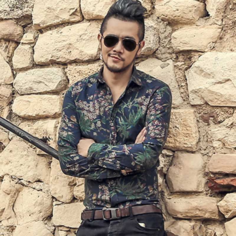 Koop Nieuwe afdrukken shirt mannelijke Britse mode leisure bloem shirt metroseksueel man lange mouwen katoen merk ontwerp slanke overhemd S2334 2