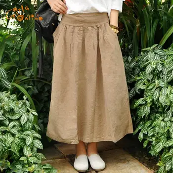 

2020 Spring Summer England Style Girls Vintage Skirt Elastic Waist Linen Original Pleated Long Skirt New Art Women Long Skirts