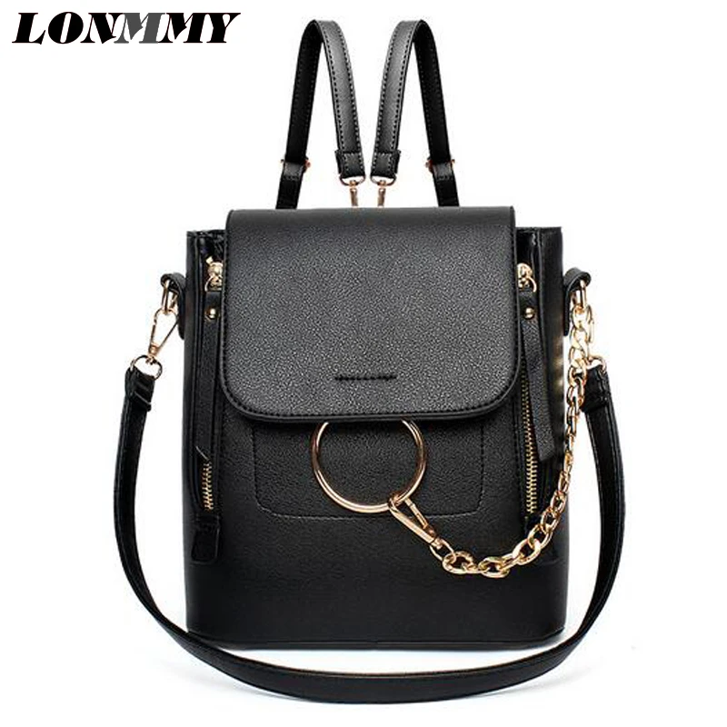 

LONMMY Multifunction Women Backpacks waterproof Chains PU leather Female travel backpack school bags for teenage girls black