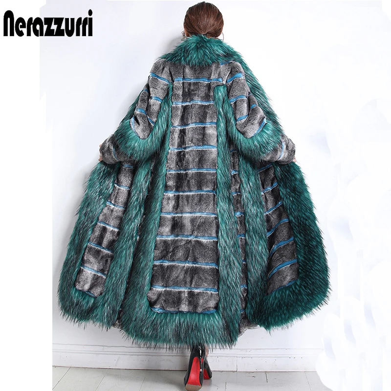 

Nerazzurri Womens winter fashion 2019 luxury runway faux fur coat color block fluffy furry warm fake mink overcoat plus size 5xl