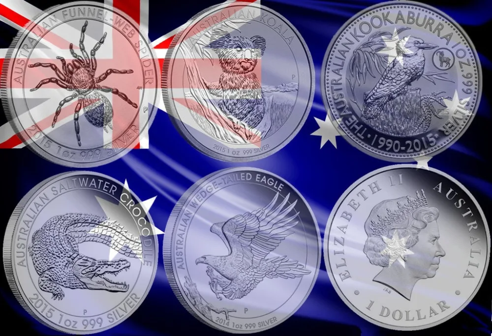 

Mix 5pcs/lot The Australia coin 2015 1oz Silver Coin, 1 oz 999 Sliver, Spider + crocodile + koala +Wedge Eagle+ kookaburra