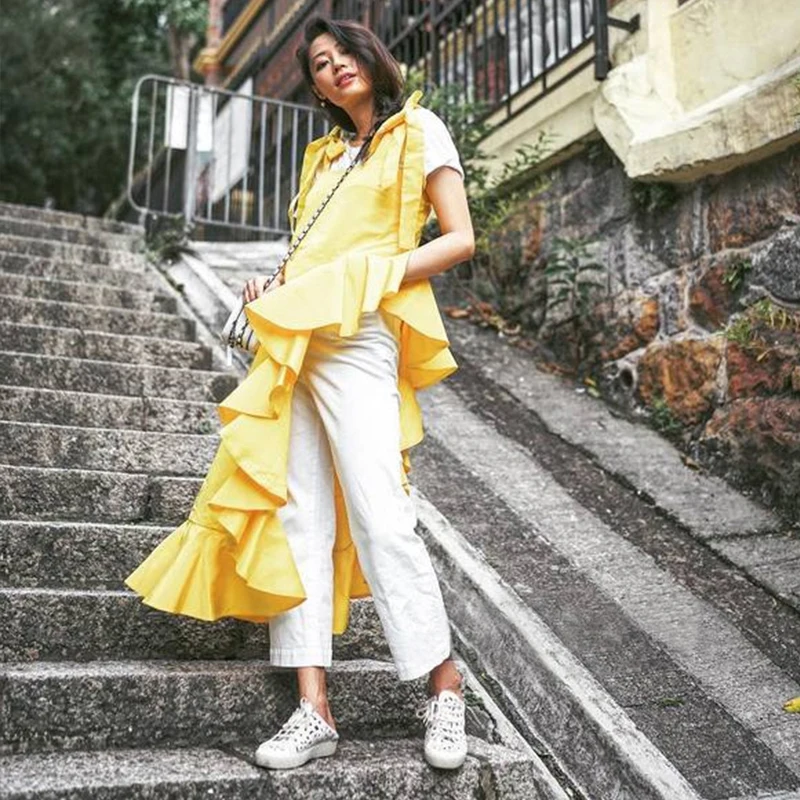 New 2018 Korean Style Summer Clothing Women Yellow Black Strap Dress Sloping Ruffle Hem Girls Stylish Asymmetrical Dresses 3723